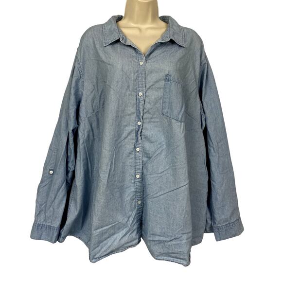 Croft & Barrow Chambray Womens 3X Blue Button Up Roll Tab Sleeve Lightweight - Picture 1 of 15